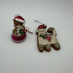 Vintage Lot Of 2 Cat Christmas Ornaments Cat In A Tea Cup Colorful Holiday
